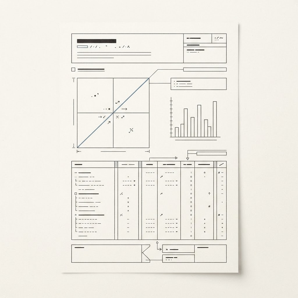 Line-drawn schematic of a board report: ruled sections, a bar chart and a two-by-two risk matrix.