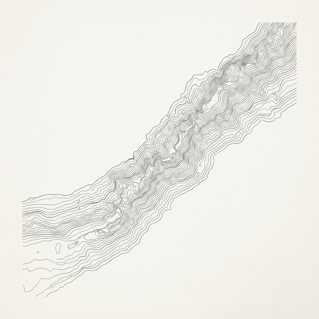 Fine ink contour lines rising toward one side, like an elevation map of an ascending frontier.